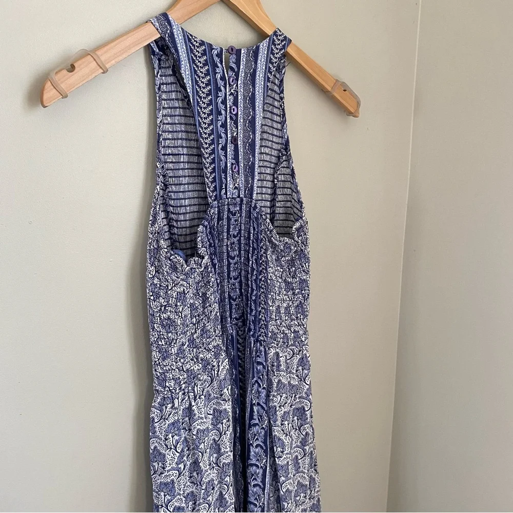 House of Harlow 1960 Smocked Maxi Dress Blue Print Size XS Resortwear Boho Beach - Picture 6 of 10